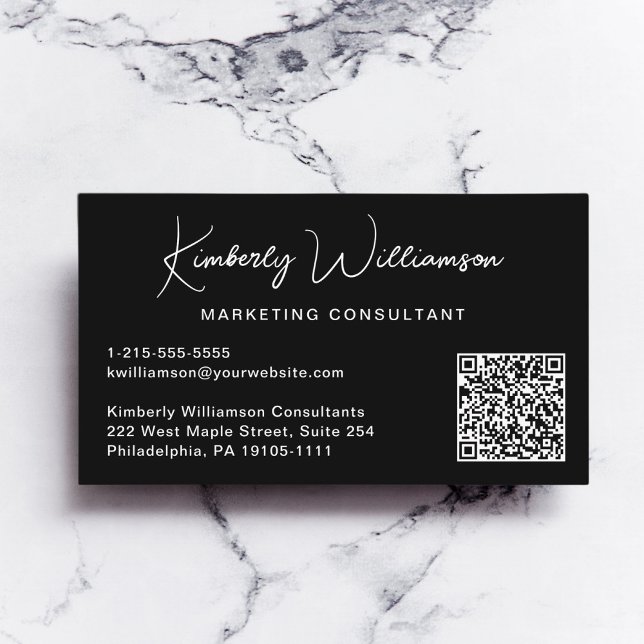 Modern QR-Professionell, svart, skript Visitkort (Capture attention, make connections, and leave a lasting impression with our modern QR business card)