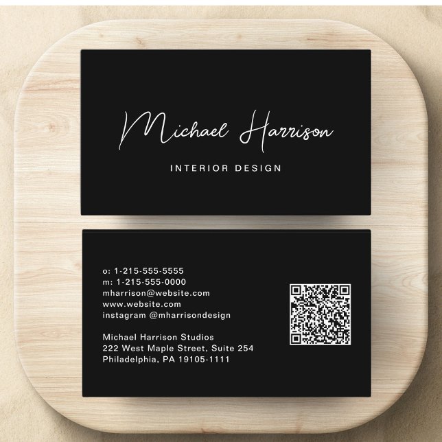 Modern QR-Professionell, svart, skript Visitkort (Showcase your name in our signature script to be your logo and brand identity)