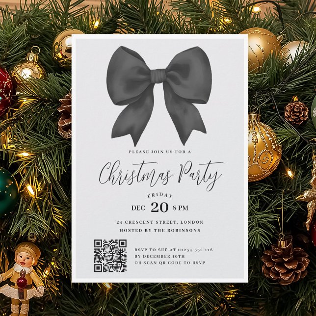Modern QR Svart Höjdpunkt Julfest Inbjudningar (Modern QR Black Holiday Bow Christmas Party Invitation)