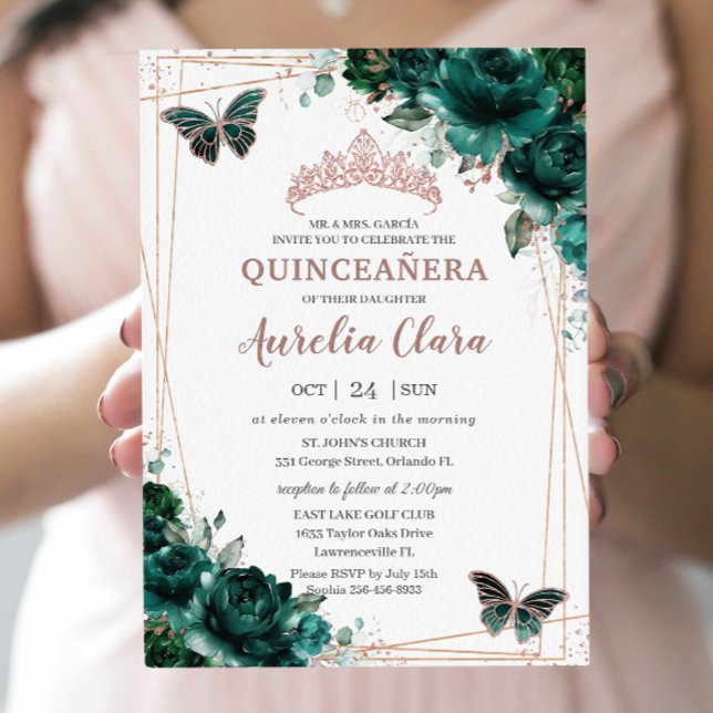 Modern Quinceañera Emerald Grönt Blommigt Ro Guld Inbjudningar (Skapare uppladdad)