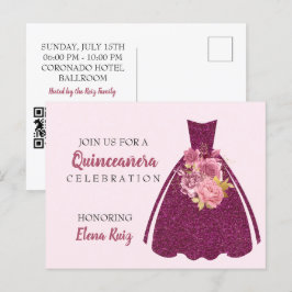 Modern Quinceañera Glitter Gown QR-kodinbjudan Meddelande Vykort