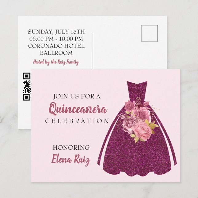 Modern Quinceañera Glitter Gown QR-kodinbjudan Meddelande Vykort (Fram/baksida)