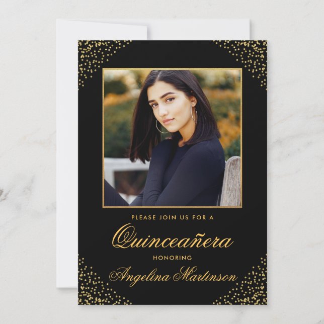 Modern Quinceanera Photo Guld Glitter Black Inbjudningar (Framsida)