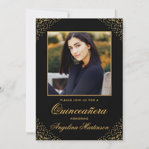 Modern Quinceanera Photo Guld Glitter Black Inbjudningar