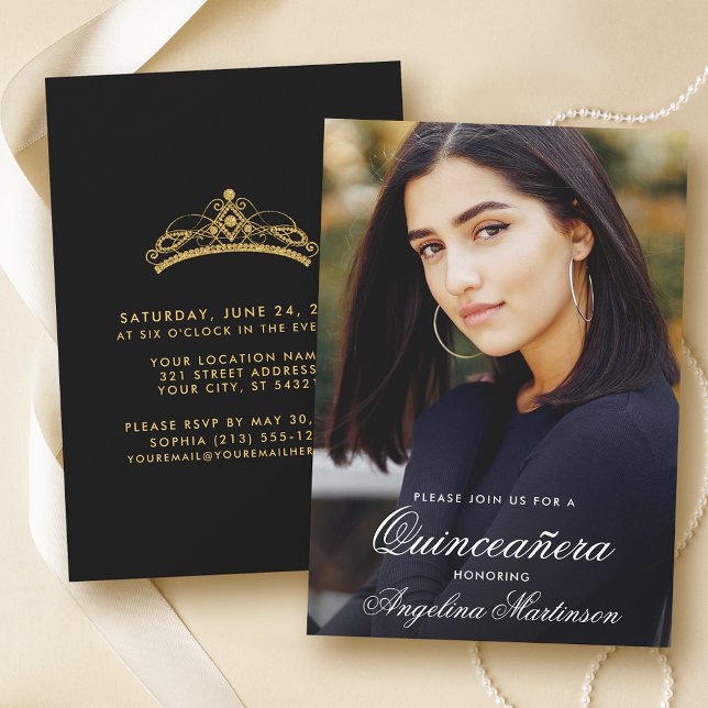 Modern Quinceanera Photo Guld och Black Inbjudningar (Customize to change text style or text size.)