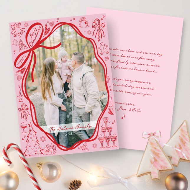 Modern Quirky Bow Christmas Scribbles Photo Julkort (Cute pink and red bow frame hand drawn quirky Christmas scribbles simple best photo holiday card )