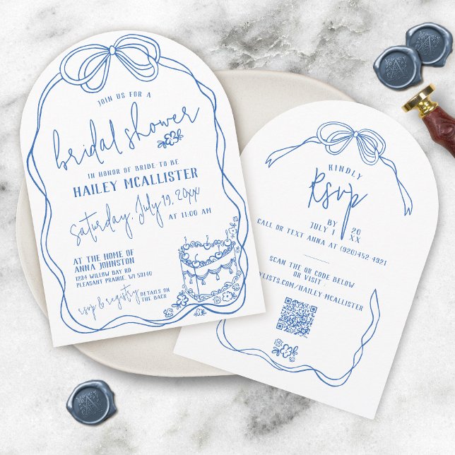 Modern Quirky Hand plockade Bow BLUE-Möhippa Inbjudningar (Unique whimsical arch shape blue and white hand drawn coquette bows heart cake bridal shower invite)