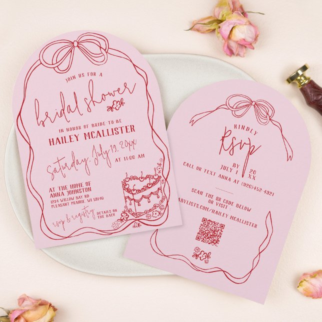 Modern Quirky Hand plockade Bow ROSA Möhippa Inbjudningar (Modern quirky coquette pink and red hand drawn bow vintage cake QR code arch bridal shower invite)