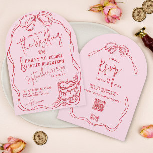 Modern Quirky Hand plockade Bow ROSA Retro Bröllop Inbjudningar