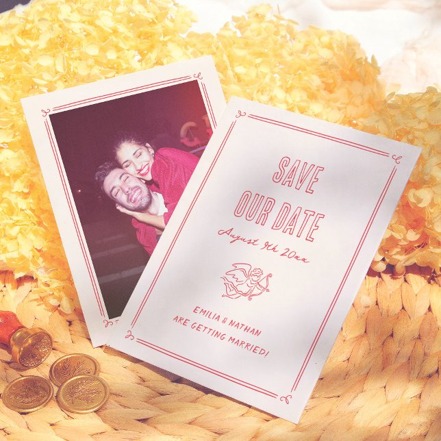 Modern Quirky Retro Hand Drawn Cupid Photo Wedding Spara Datumet (Skapare uppladdad)