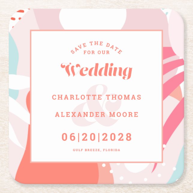 Modern rädda datum Bröllop Mönster-korallskalet Underlägg Papper Kvadrat (Framsidan)
