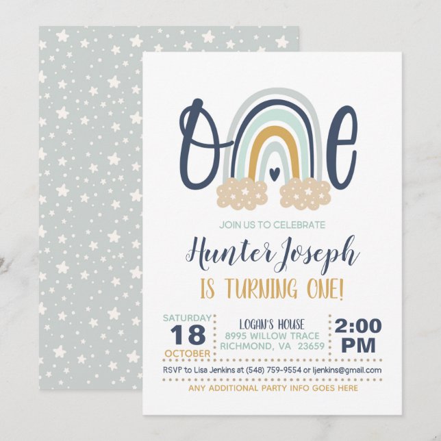 Modern Rainbow First Birthday bjudande - Boy LB Inbjudningar (Fram/baksida)