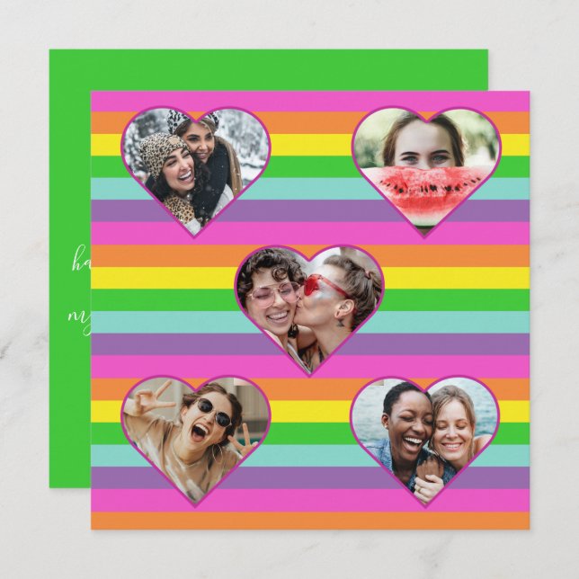 Modern Rainbow Heart 5 Photo Script Monogram Holl Julkort (Fram/baksida)