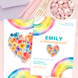 Modern Rainbow Heart Blommigt Girl Birthday Inbjud Inbjudningar