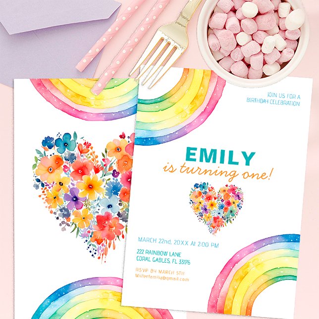 Modern Rainbow Heart Blommigt Girl Birthday Inbjud Inbjudningar (Colorful Watercolor Rainbow Birthday)