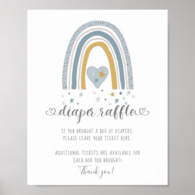 Modern Rainbow Heart Stars Boy Diaper Raffle Sign Poster (Framsidan)