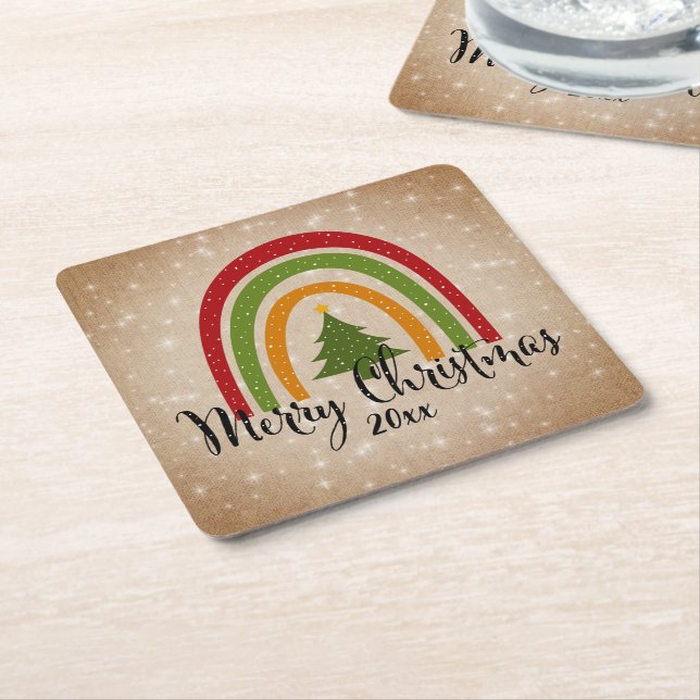 Modern Rainbow Julgran 20xx Add Year Underlägg Papper Kvadrat (Vinklad)