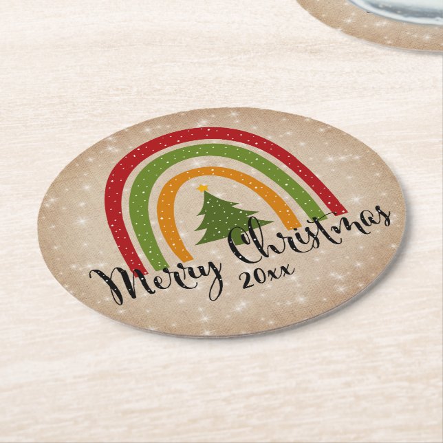 Modern Rainbow Julgran 20xx Add Year Underlägg Papper Rund (Vinklad)