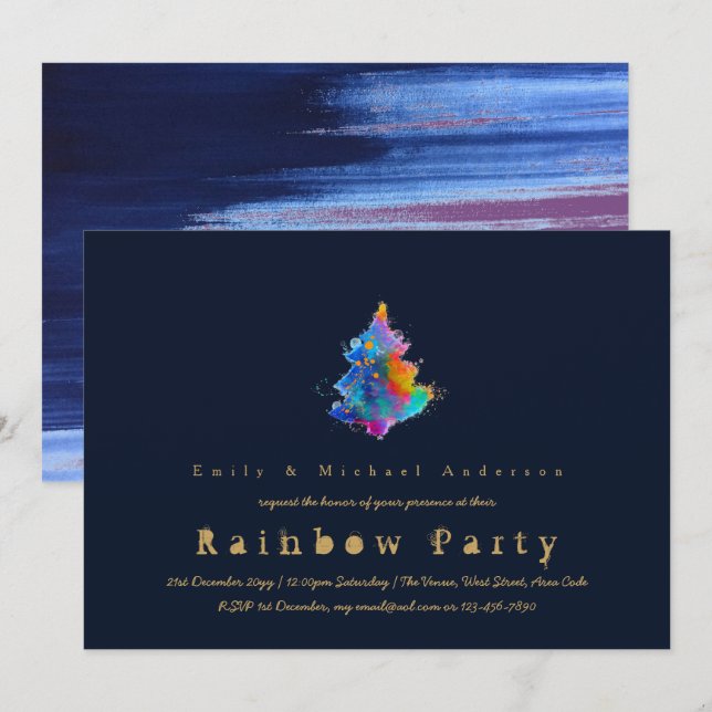 Modern Rainbow Julgran Trendig Navy Blue Inbjudningar (Fram/baksida)