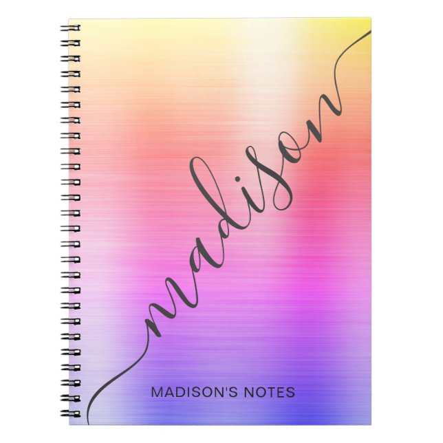 Modern Rainbow Ombre Metall Monogram-skript Anteckningsbok (Framsidan)