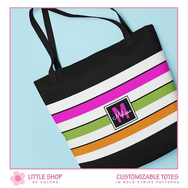 Modern Rainbow Rand Monogram Tote Bag Tygkasse (Skapare uppladdad)