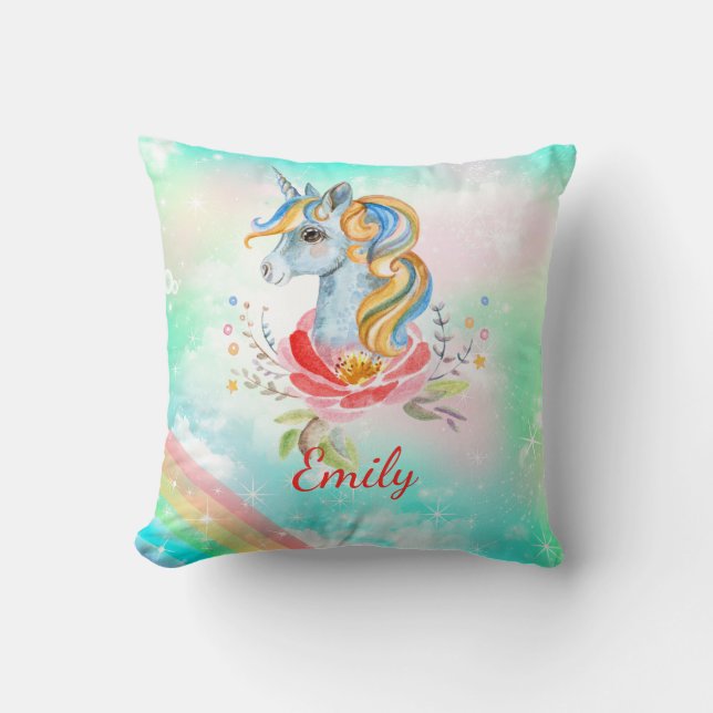 Modern Rainbow Unicorn Girl Namn Dekorativ kudde (Framsida)