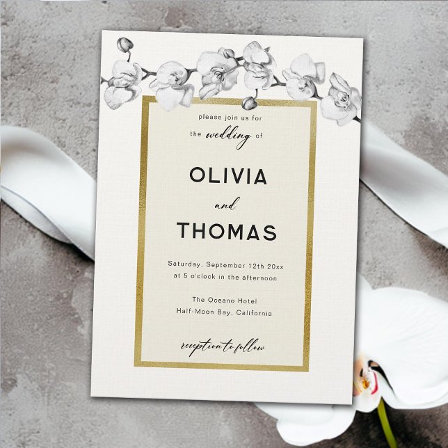 Modern Ram Svarta vita orkidéer Guld Bröllop Inbjudningar (white orchids black white gold frame modern wedding invitation elegant boho romantic formal classy)