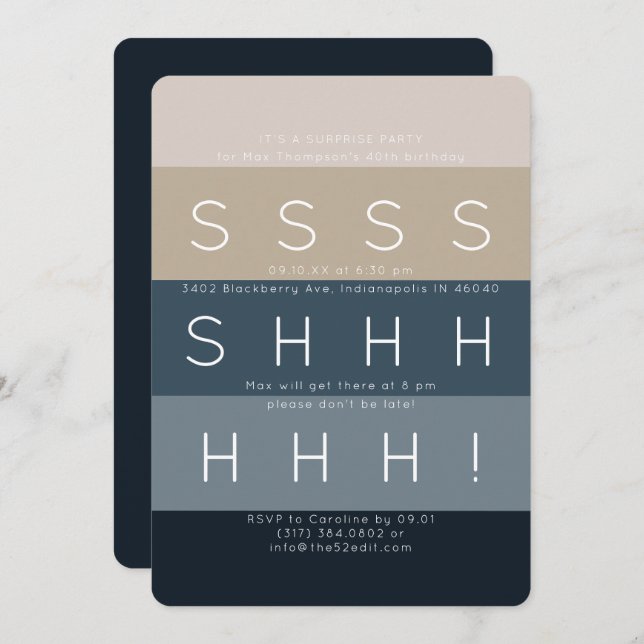 Modern Rand Blue Surprise Party Inbjudningar (Fram/baksida)