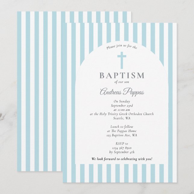 Modern Rand Christening Baptism Dusty Blue Boy Inbjudningar (Fram/baksida)