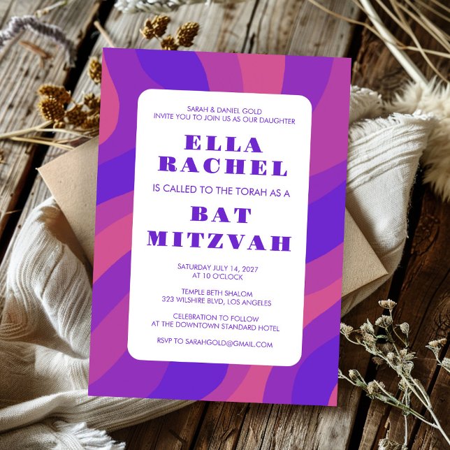 Modern Rand Groovy Lila Anpassningsbar Pub Bat mit Inbjudningar (Modern Abstract Groovy Purple  Bold Custom Bar Bat Mitzvah Invitation
)