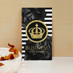 Modern Rand Guld Krona Logotyp Black Blommigt Visitkort