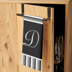 Modern rand i svartvitt, vitt och grått - Monogram Kökshandduk