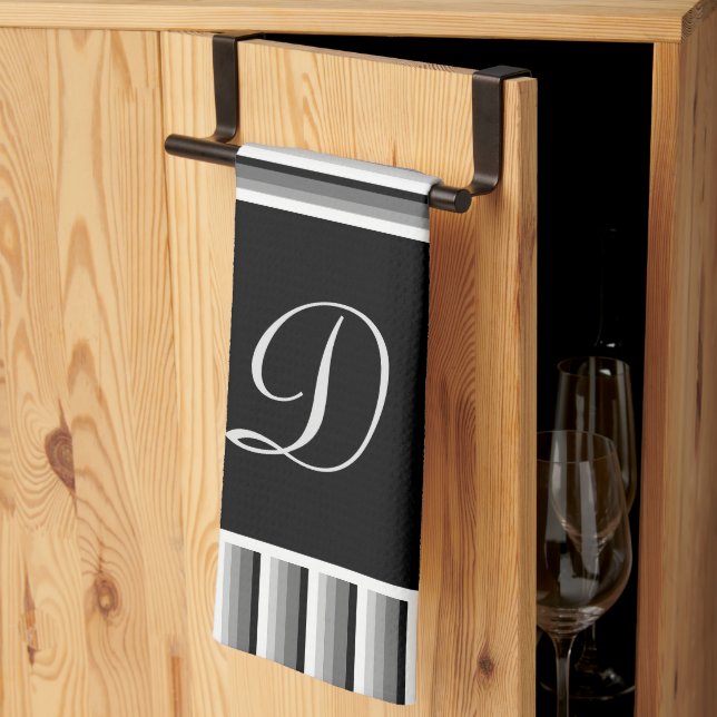 Modern rand i svartvitt, vitt och grått - Monogram Kökshandduk (Thirds Fold)