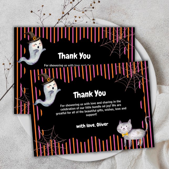 Modern Rand Little Boo Ghost Cat Baby Shower Tack Kort (Modern Stripe Little Boo Ghost Cat Baby Shower Thank You Card)