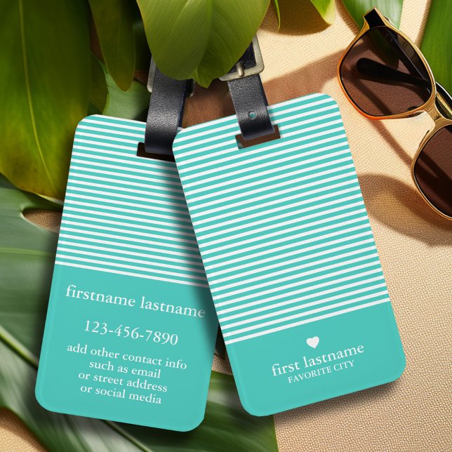 Modern Rand med uppskalat Heart Monogram aqua Bagagebricka (Personalized luggage tag with monogram - contact info on back)