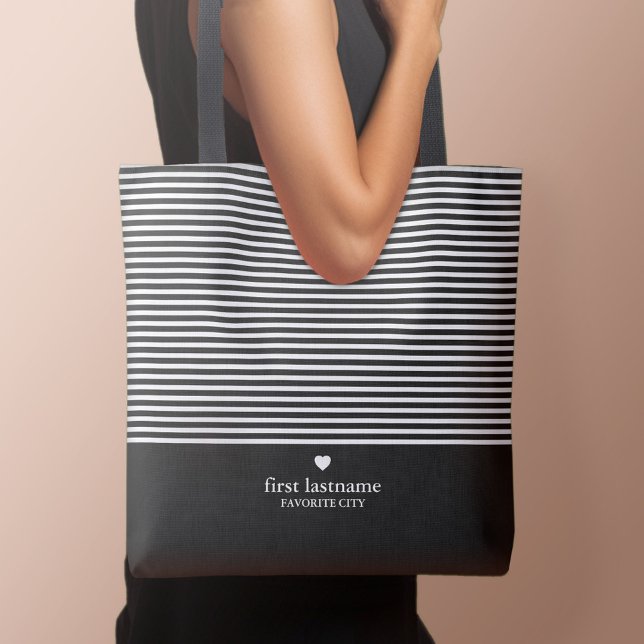 Modern Rand med uppskalning av hjärtmonogram svart Tygkasse (Personalized tote bag - Perfect for girl's weekends and bachelorette getaways!)