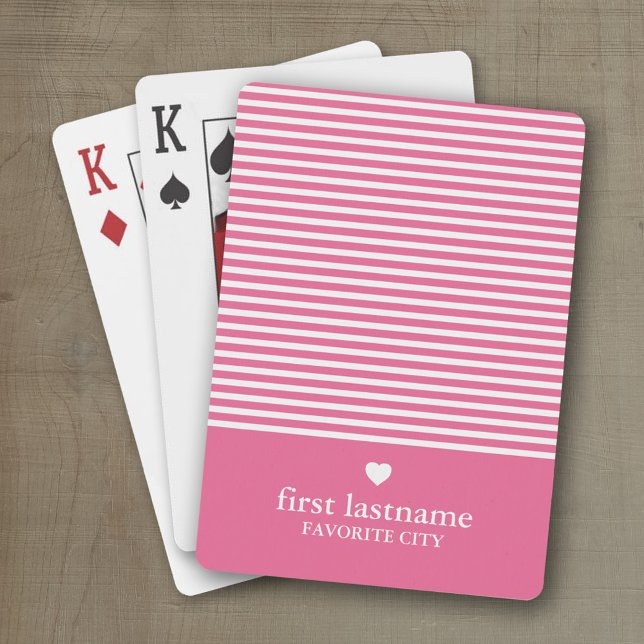 Modern Rand med uppskalning av Rosa i hjärtmonogra Casinokort (Personalized playing cards with a modern stripe pattern and a place for a name or monogram)