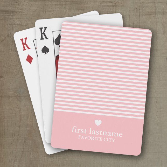 Modern Rand med uppskalning av Rosa i hjärtmonogra Casinokort (Personalized playing cards with a modern stripe pattern and a place for a name or monogram)