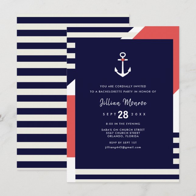 Modern Rand Nautical Anchor Bachelorette Party Inbjudningar (Fram/baksida)