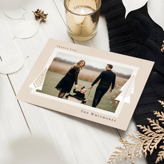 Modern Rand Ram Evergreen Julgran Photo Julkort (Modern Stripe Frame Evergreen Christmas Tree Photo Holiday Card)