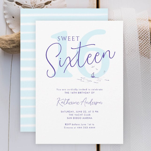 Modern Rand-sötare 16 vid havskusten Inbjudningar (sweet sixteen invitation her coastal nautical boat yacht beach waterfront ocean marina stripes)