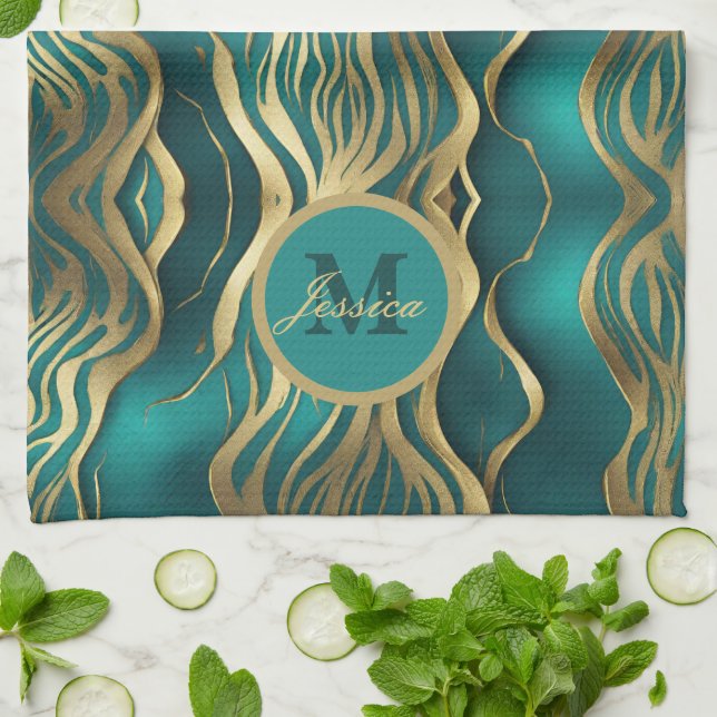 Modern Rand Turcos Teal Blue-Personlig Kökshandduk (Vikta)