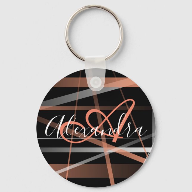 Modern Ränder Abstrakt Mönster Korall Monogram Nyckelring (Framsida)