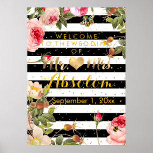 Modern Ränder/Vintage Rosor/Guldfläckar/Mottagning Poster