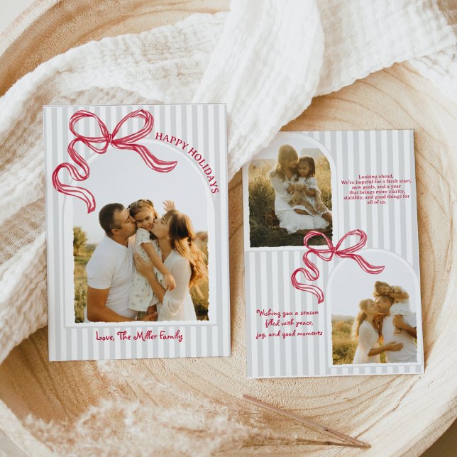 Modern randig valv fotohögtidskort röd slinga inbjudningar (Skapare uppladdad)