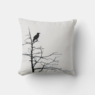 Modern Raven Black Bird Träd Nature Black White Kudde
