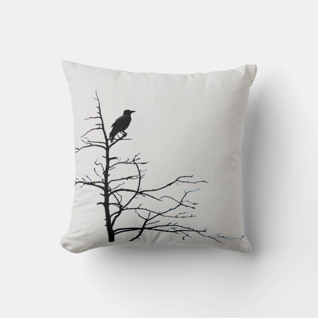 Modern Raven Black Bird Träd Nature Black White Kudde (Framsida)