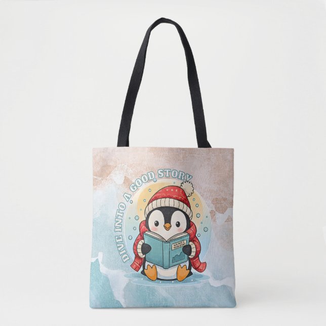 Modern Reading Penguin Aesthetic Shoulder Tote Bag Tygkasse (Framsida)
