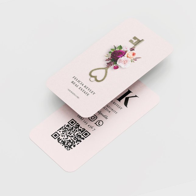 Modern Realtor Blommigt Monogram Real Gods Agent Visitkort (Realtor Floral Gold Key Real Estate Agent Broker Mortgage Professional Monogram Pink business card)