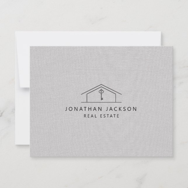 Modern Realtor Home Logo Gray Faux Linen Anteckningskort (Framsida)